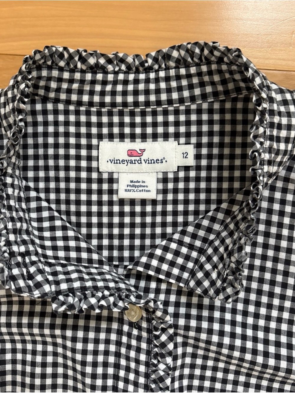 Vineyard Vines Black & White Gingham Ruffle Collar Blouse Size 12 Classic Preppy
